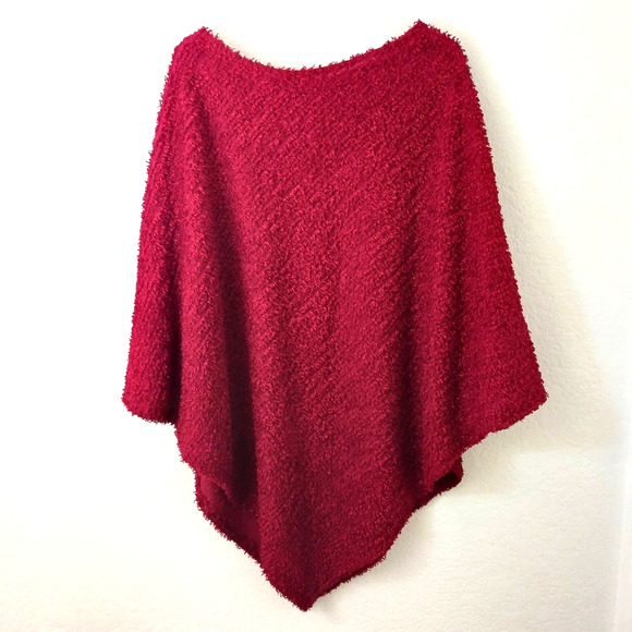 Vintage CHENILE Poncho Cape Coverup RED Long One Size Fits Most Flowy TEXTURED - Picture 2 of 13